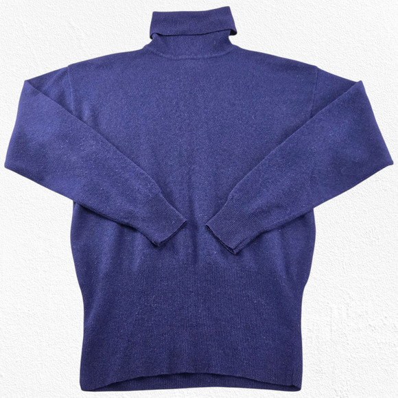 Vintage 80s Navy Blue Lambswool Angora Fitted Turtleneck Sweater Size Medium - Picture 1 of 6